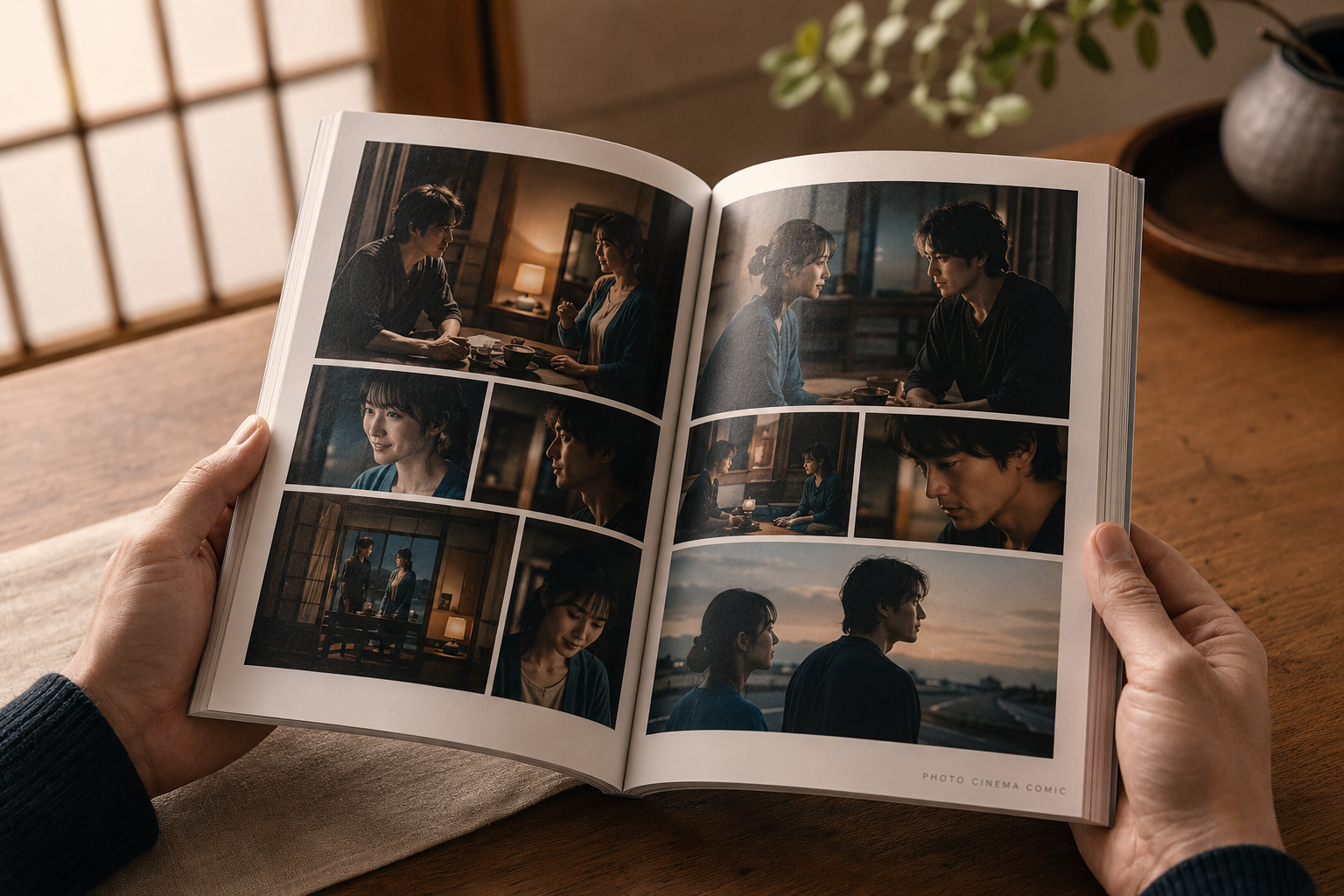 PHOTO CINEMA COMICのペーパーバックを両手で開き、実写映画のようなコマが並ぶ見開きを読んでいるイメージ